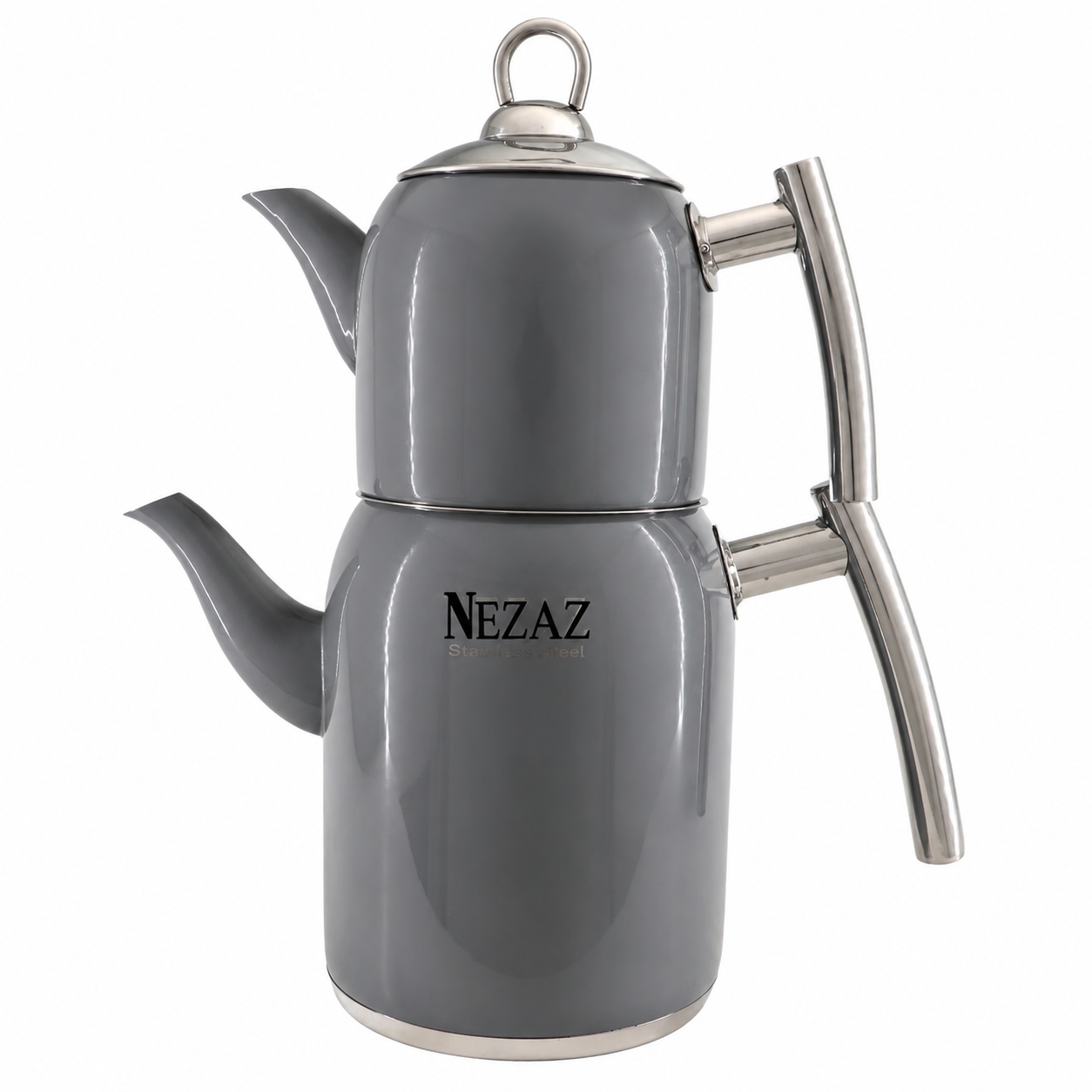 کتری و قوری استیل ۲ لیتری نزاز NEZAZ خاکستری براق پاستیلی