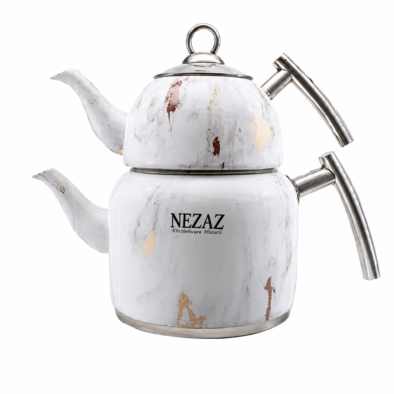 کتری و قوری استیل نزاز 2.5 لیتری طرح کاغذ دیواری سفید دسته استیل NEZAZ