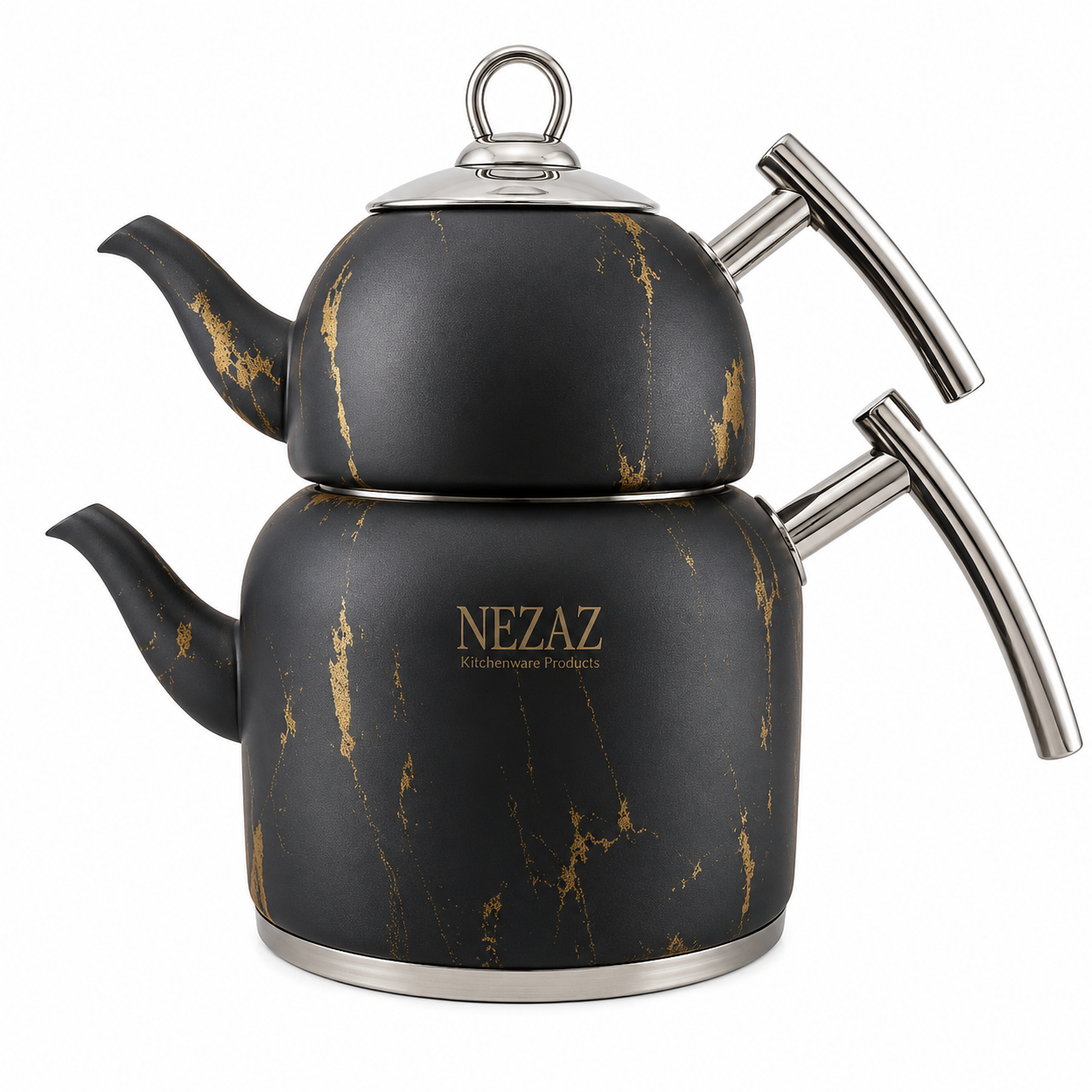 کتری و قوری استیل نزاز 2.5 لیتری طرح کاغذ دیواری مشکی دسته استیل NEZAZ