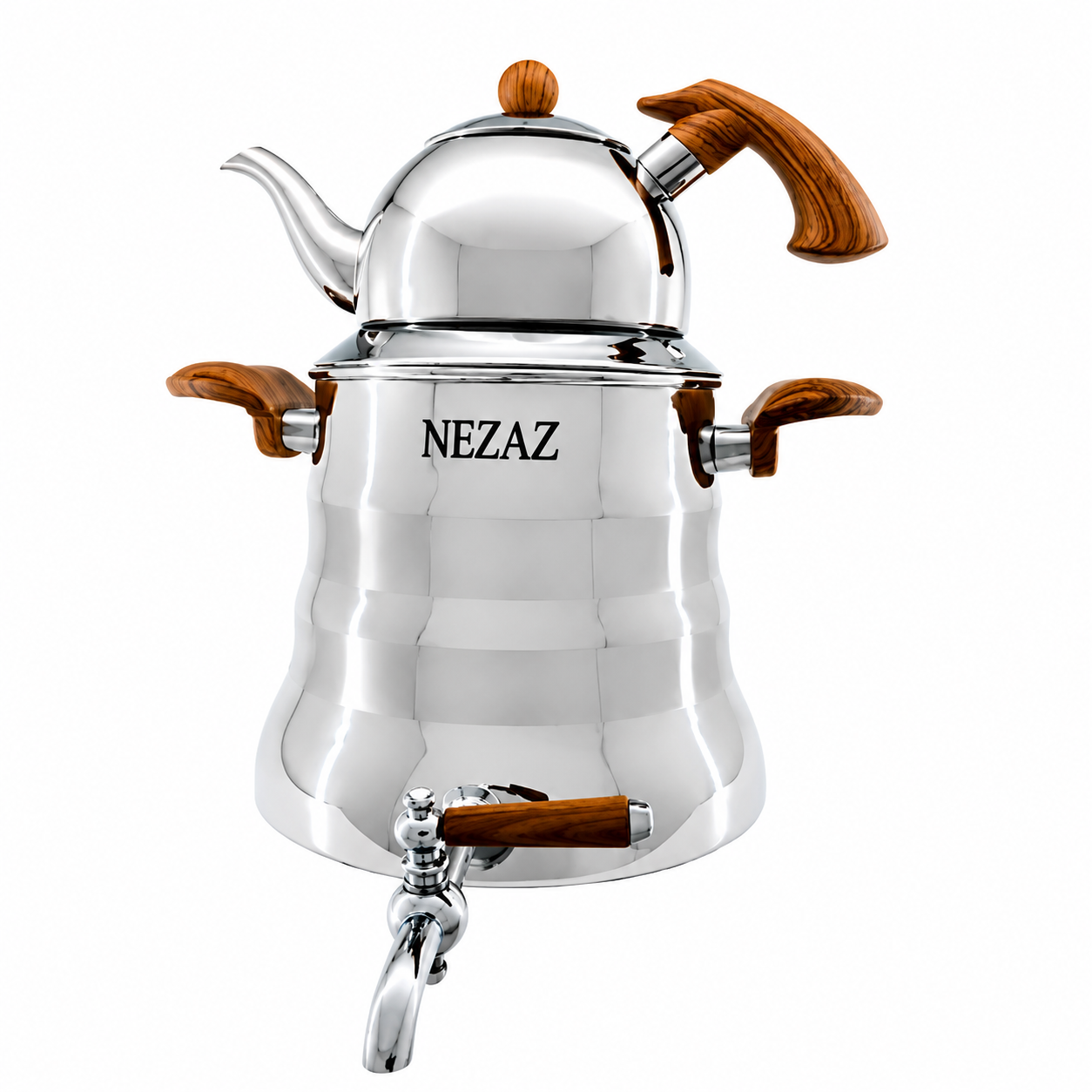 کتری و قوری 6 لیتری هرمی کلاسیک نزاز استیل دسته چوبی NEZAZ