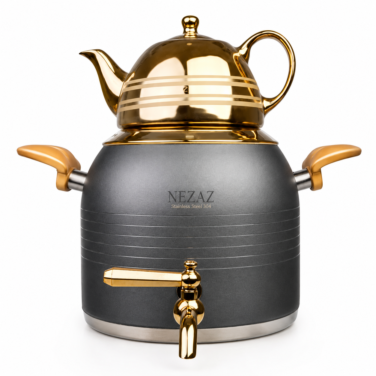 کتری و قوری 5 لیتری نزاز طرح ترک طوسی طلایی NEZAZ