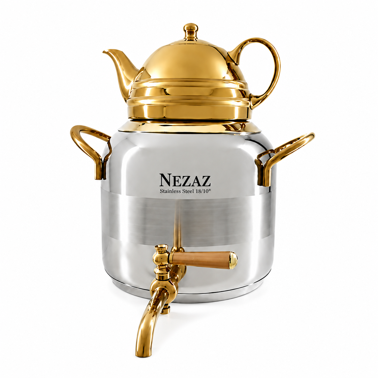 کتری و قوری 4.5 لیتری طرح ترک نزاز دسته طلایی ورق 1 میل کف چدن NEZAZ
