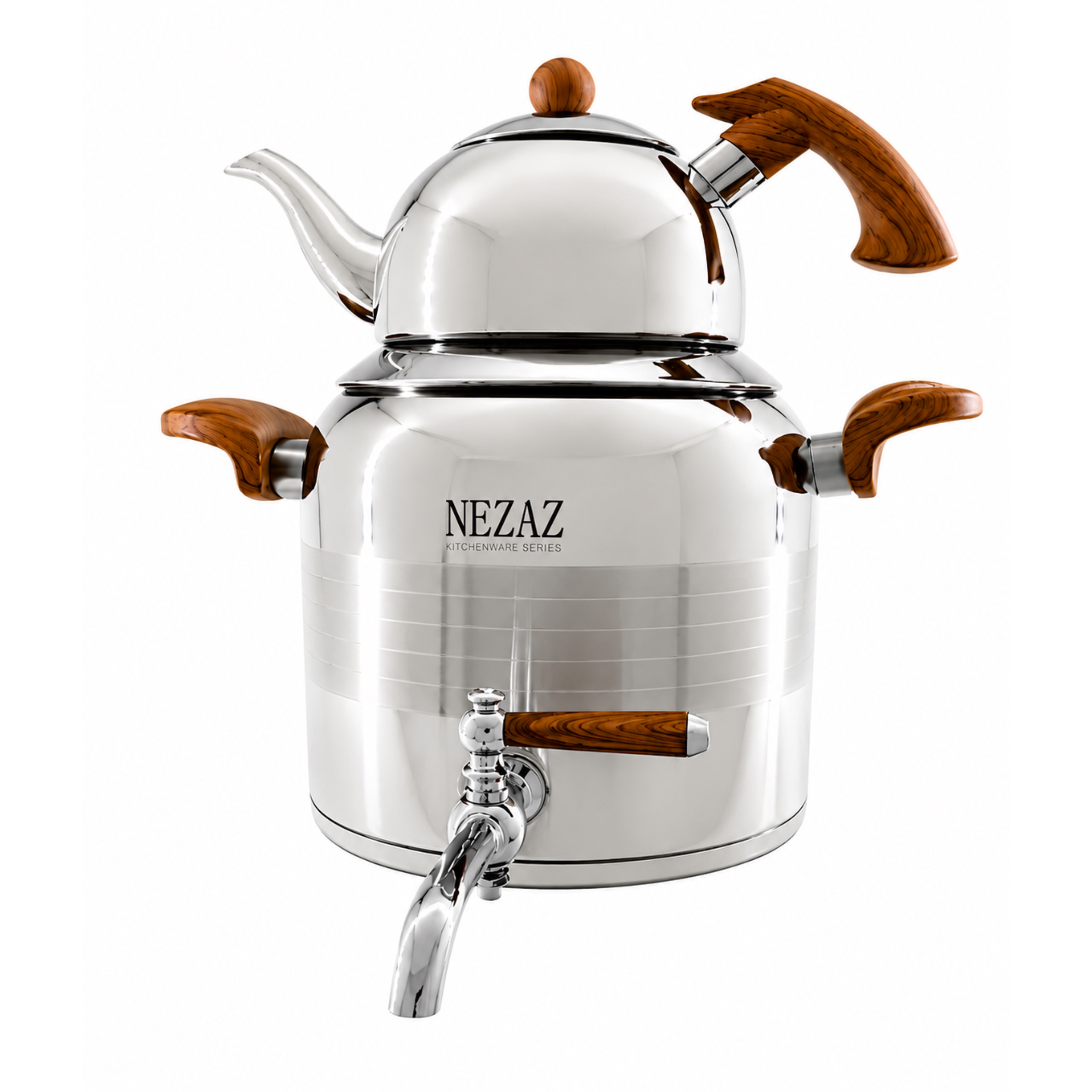 کتری و قوری 4.5 لیتری نزاز طرح ترک دسته چوبی ورق 1 میل NEZAZ