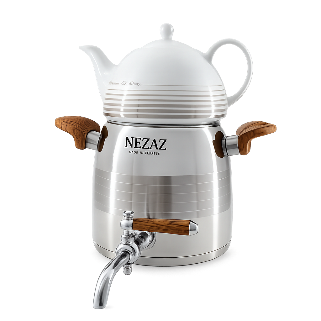 کتری و قوری هرمی 3 لیتری نزاز استیل دسته چوبی NEZAZ