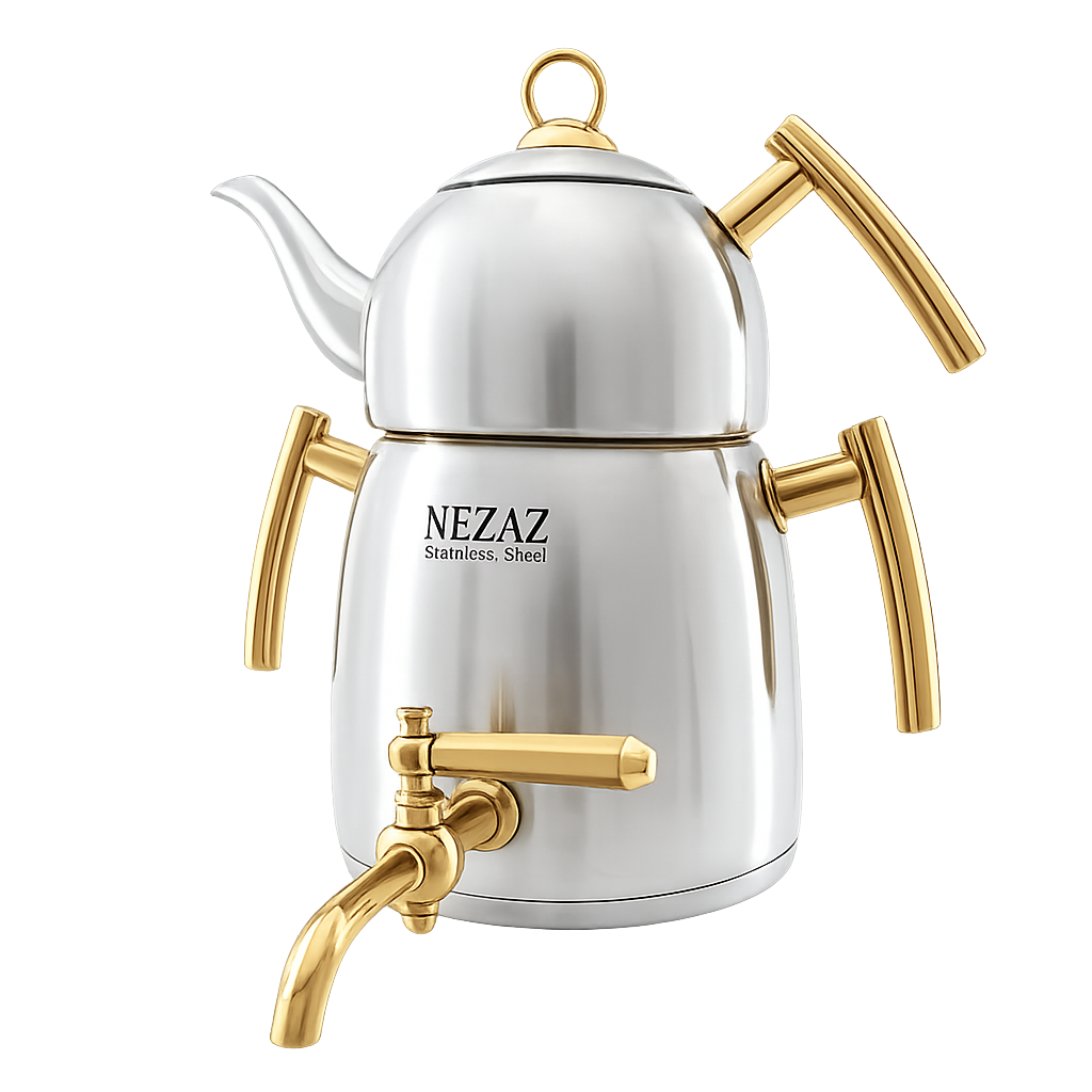 کتری و قوری هرمی 3 لیتری نزاز دسته استیل طلایی NEZAZ