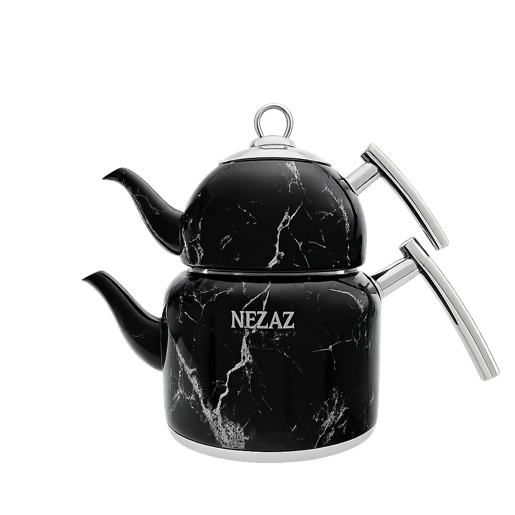 کتری و قوری 2.5 لیتری سنگی نزاز لوله‌دار با قوری چینی طرح سنگ مشکی NEZAZ