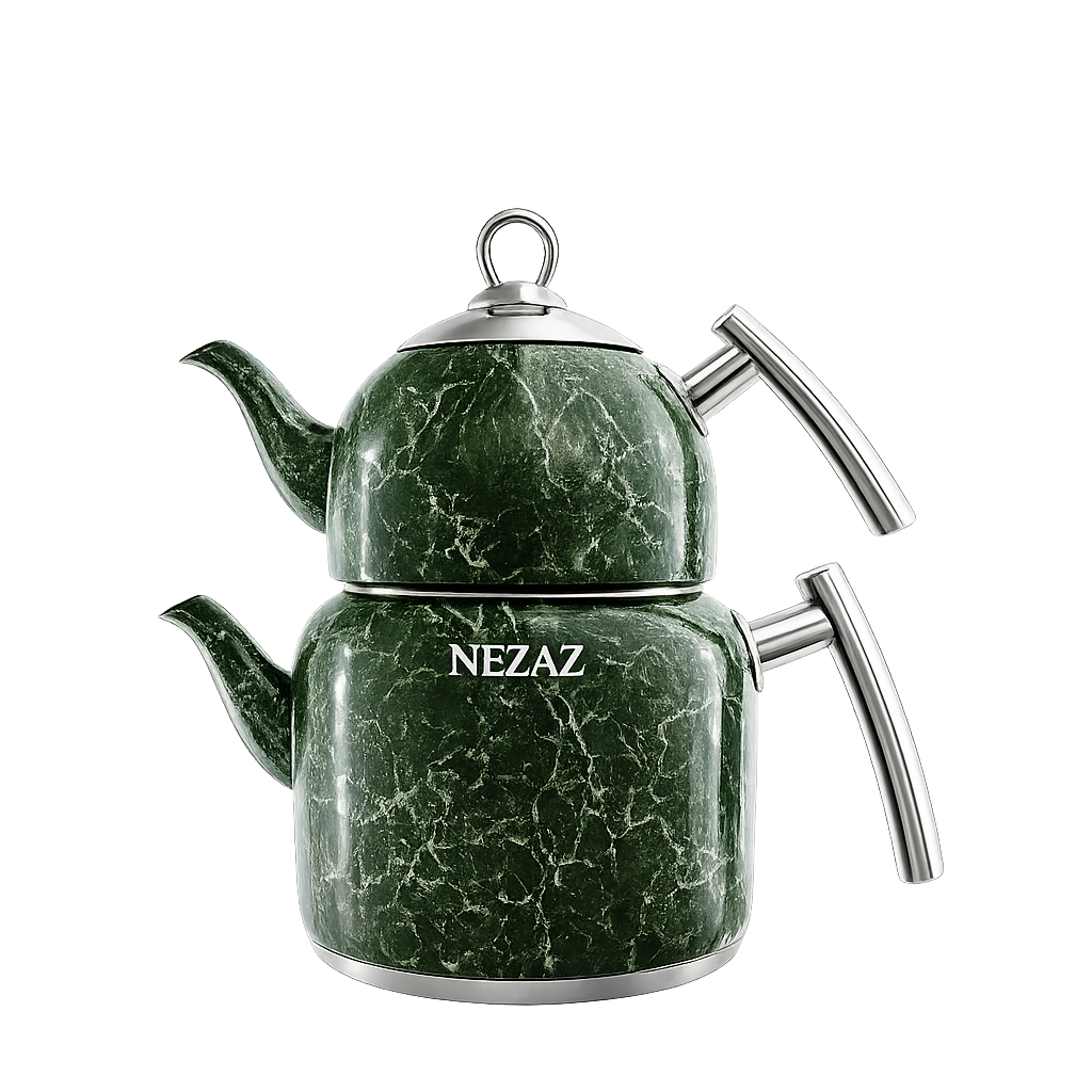 کتری و قوری 2.5 لیتری سنگی نزاز لوله‌دار با قوری چینی طرح سنگ سبز NEZAZ