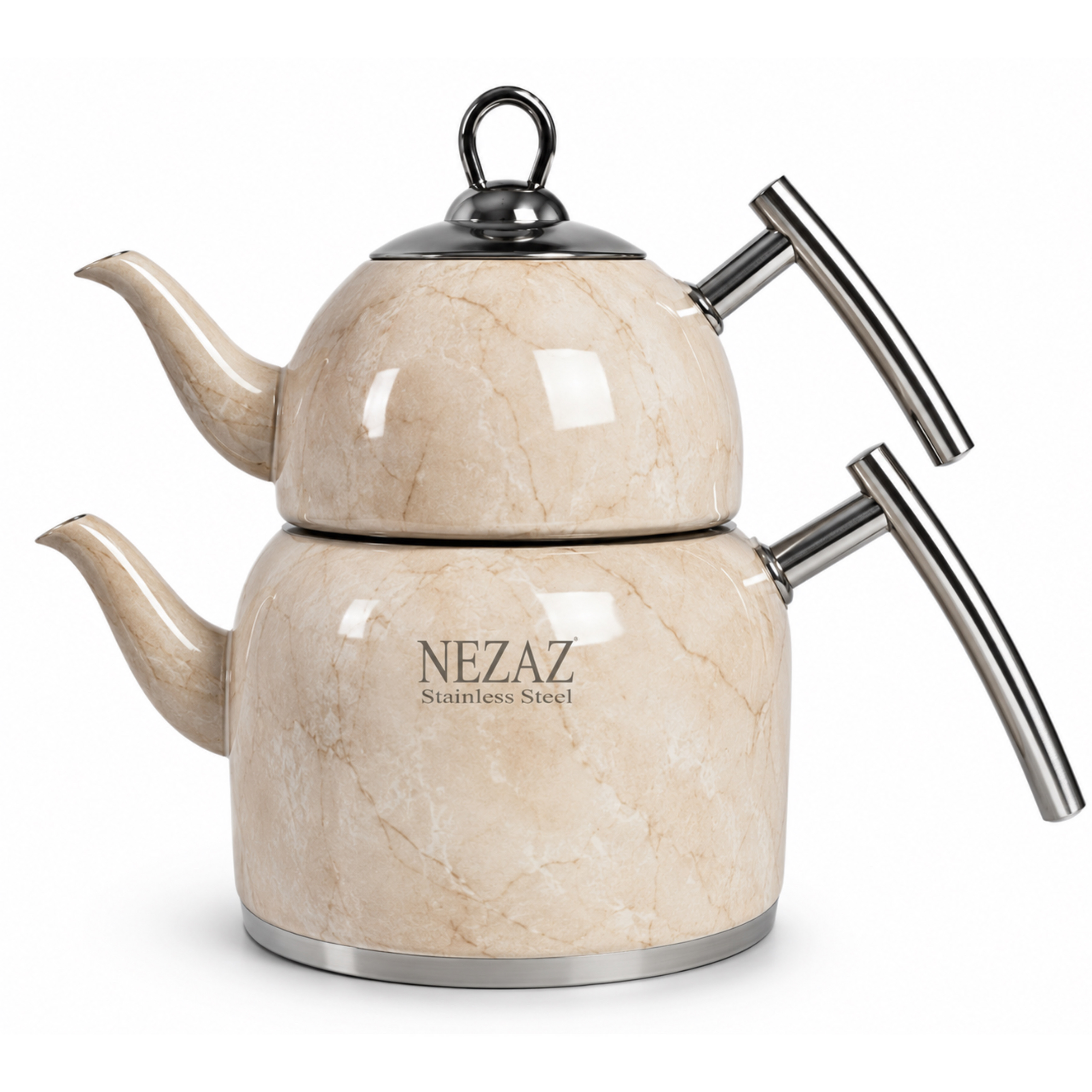 کتری و قوری 2.5 لیتری سنگی نزاز لوله‌دار با قوری چینی طرح سنگ کرم NEZAZ