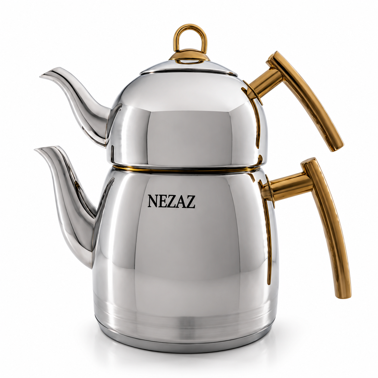 کتری و قوری نزاز تمام استیل 3 لیتری دسته طلایی NEZAZ