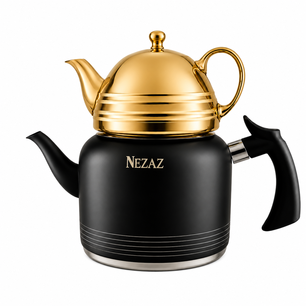 کتری و قوری 2.5 لیتری نزاز با قوری چینی طلایی مشکی NEZAZ