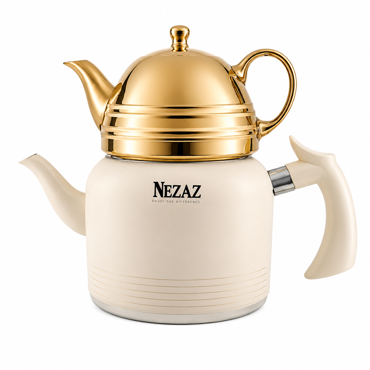 کتری و قوری 2.5 لیتری نزاز با قوری چینی طلایی کرم NEZAZ