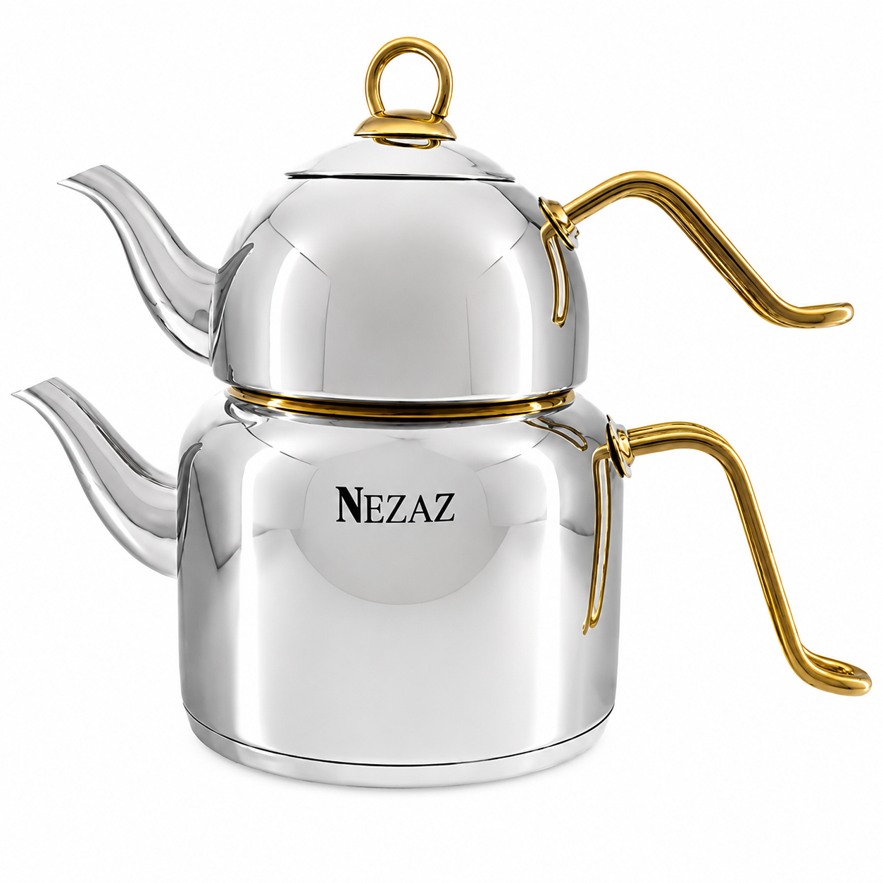 کتری و قوری 2.5 لیتری نزاز لوله‌دار دسته استیل طلایی NEZAZ