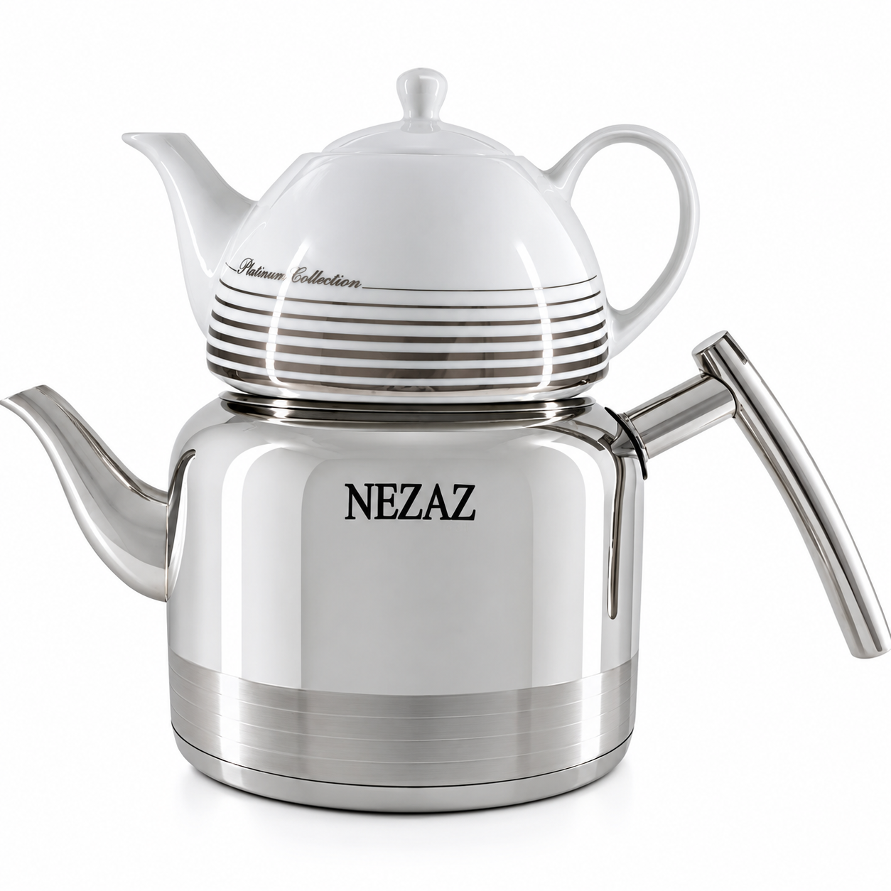 کتری و قوری 2.5 لیتری نزاز لوله‌دار دسته استیل NEZAZ