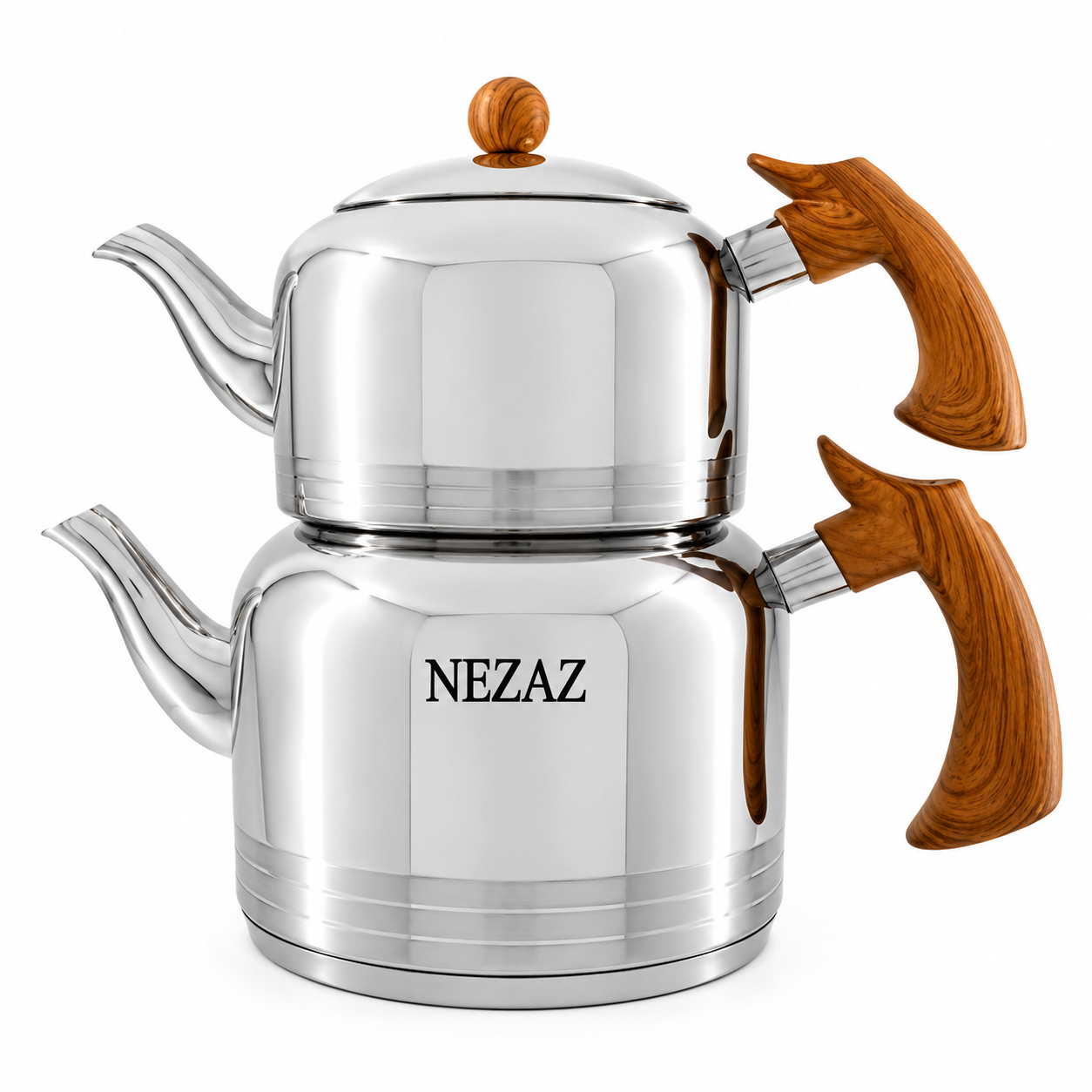 کتری و قوری 2.5 لیتری نزاز لوله‌دار طرح چوب تمام استیل NEZAZ