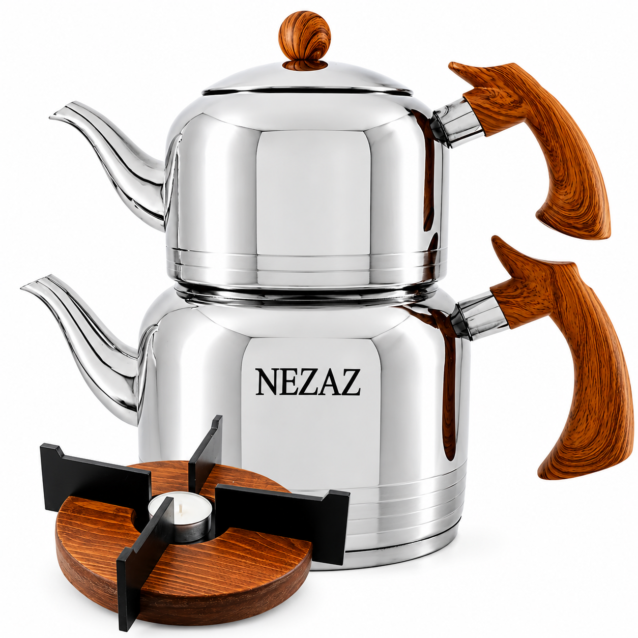 کتری و قوری 2.5 لیتری نزاز لوله‌دار دسته چوب وارمردار NEZAZ