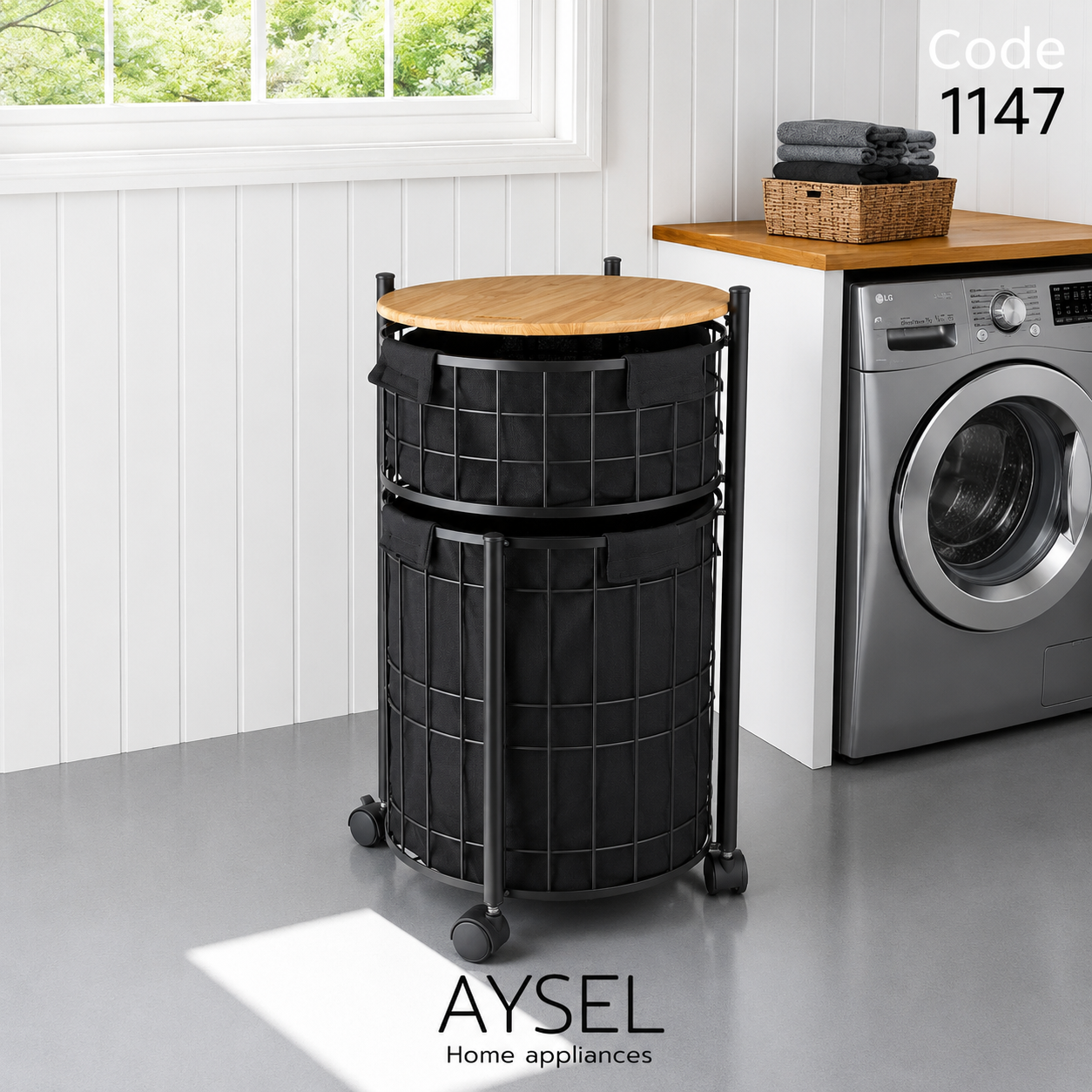سبد لباس دو طبقه چرخ دار گرد آیسل AYSEL