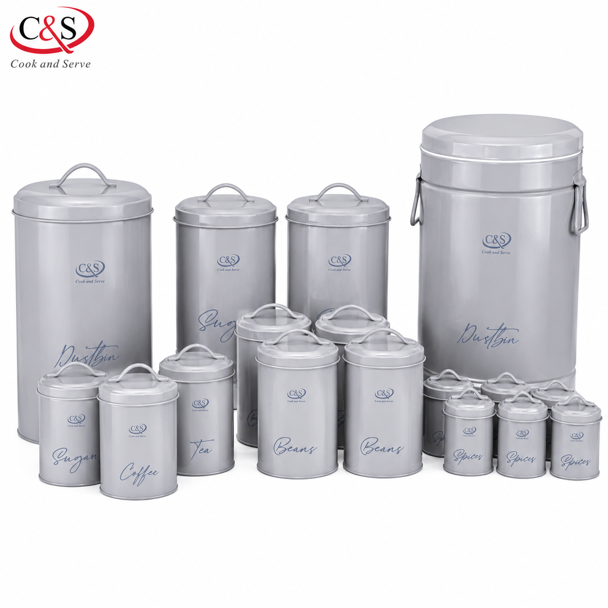 سرویس 17 پارچه آشپزخانه طرح فونت C&S درب فلزی طوسی
