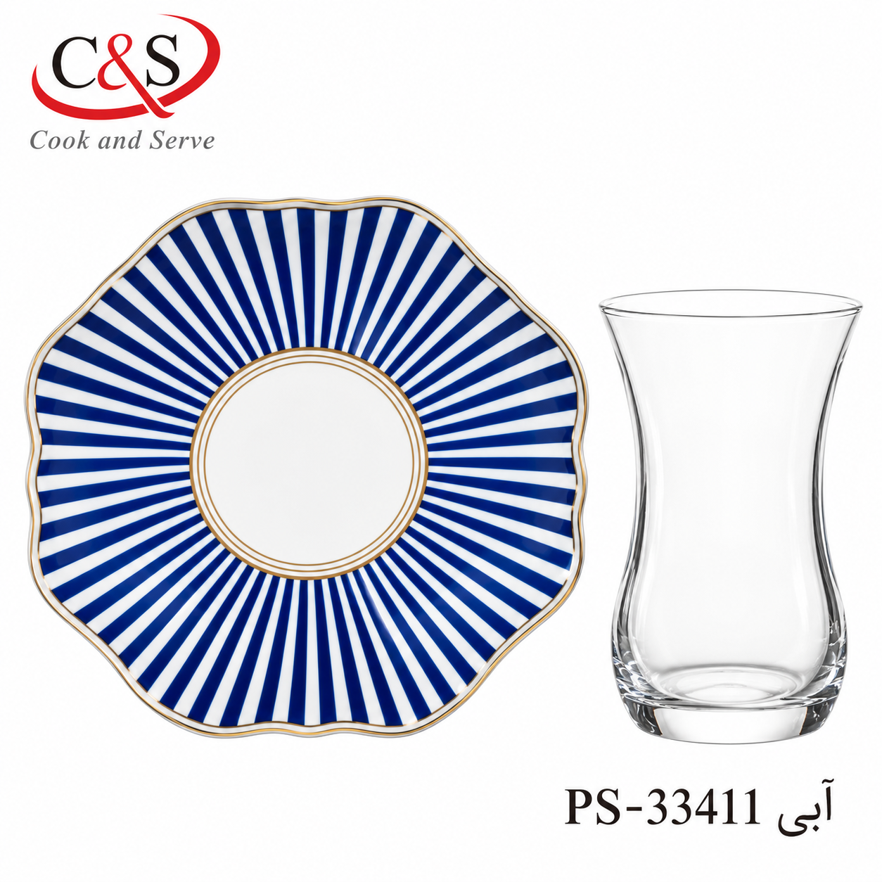 استکان نعلبکی آدنا راه راه آبی C&S