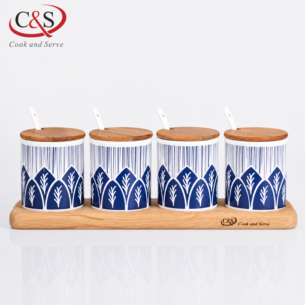 سرویس ادویه سرامیکی تاناجر 4 پارچه آبی با استند چوبی A و قاشق C&S |