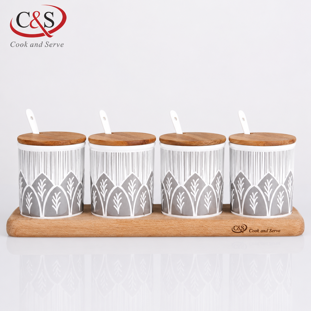 سرویس ادویه سرامیکی تاناجر 4 پارچه طوسی با استند چوبی A و قاشق C&S