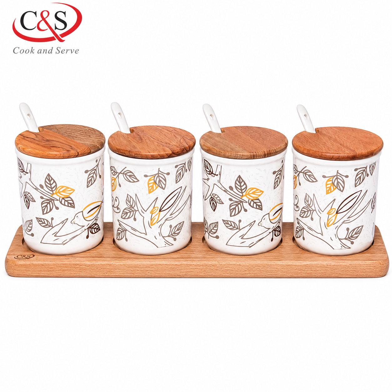 سرویس ادویه سرامیکی تاناجر 4 پارچه طوسی با استند چوبی B و قاشق C&S