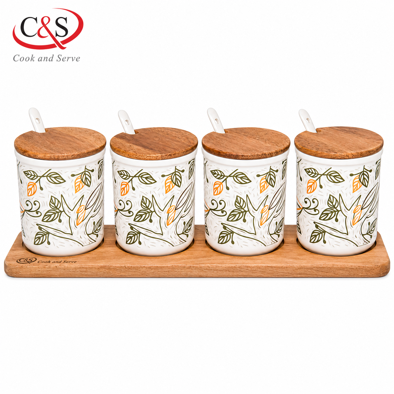سرویس ادویه سرامیکی تاناجر 4 پارچه سبز با استند چوبی B و قاشق C&S