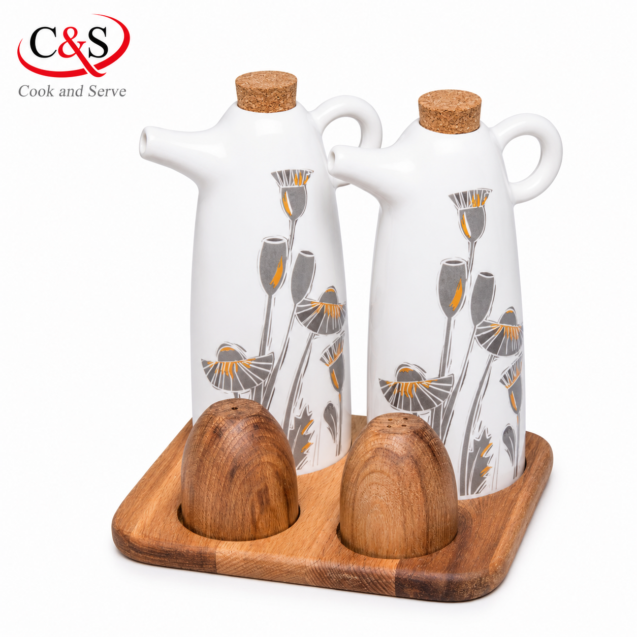 سرویس آبلیموخوری سرامیکی و نمکدان چوبی تاناجر 5 پارچه طوسی با استند چوبی C&S