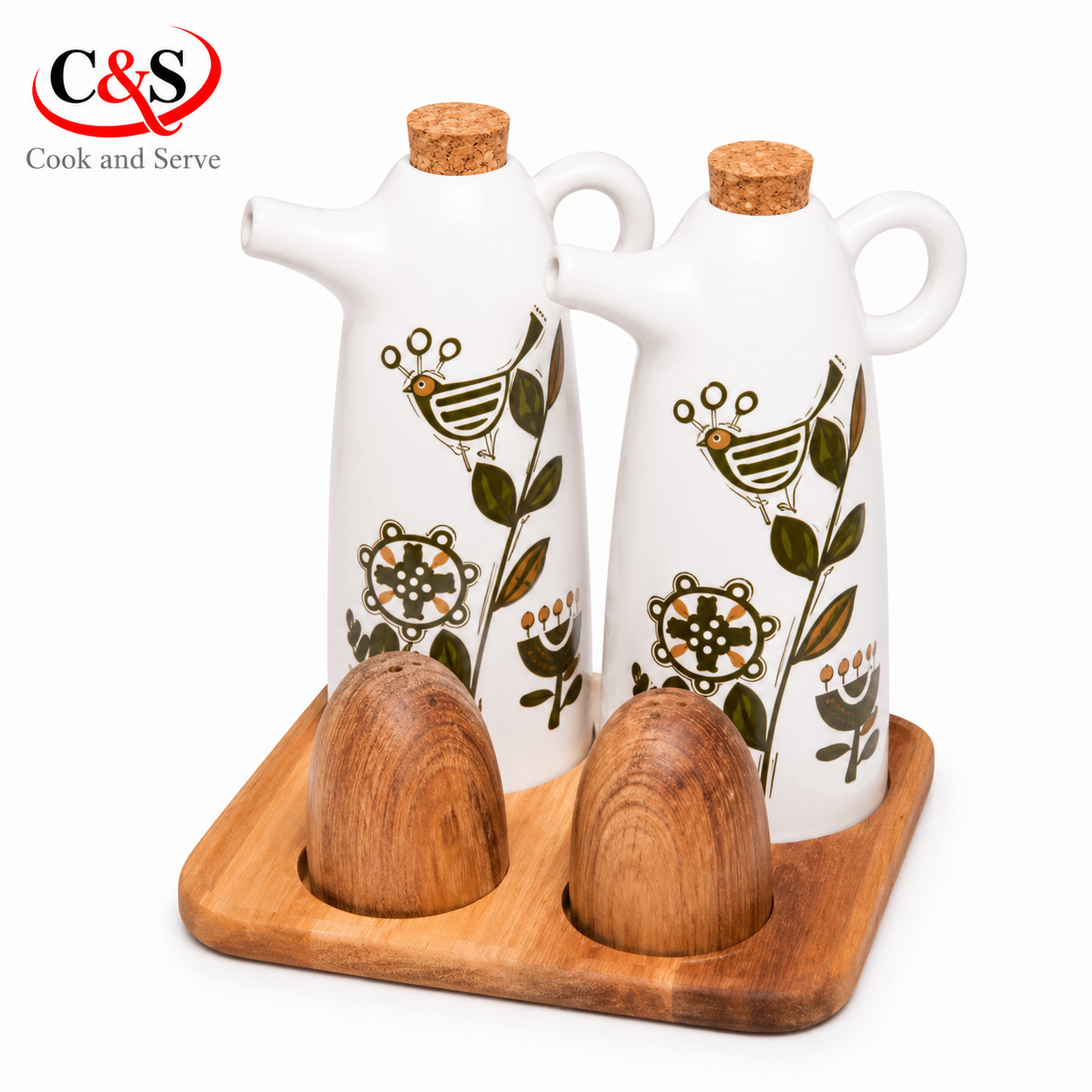 سرویس آبلیموخوری سرامیکی و نمکدان چوبی تاناجر 5 پارچه سبز با استند چوبی C&S