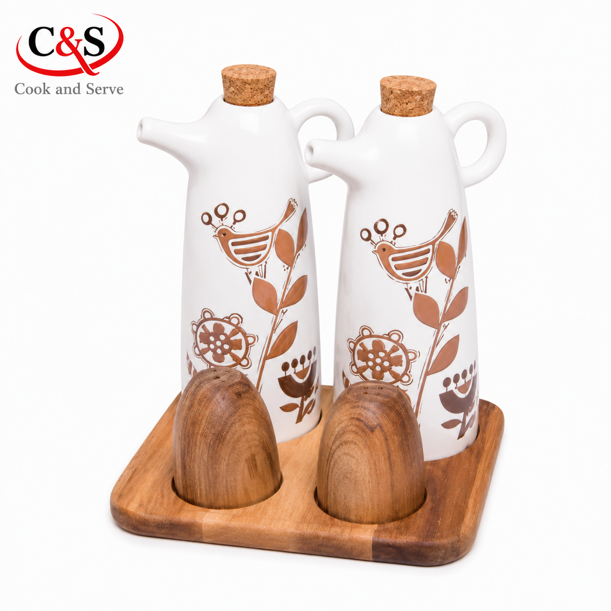 سرویس آبلیموخوری سرامیکی و نمکدان چوبی تاناجر 5 پارچه قهوه ای با استند چوبی C&S