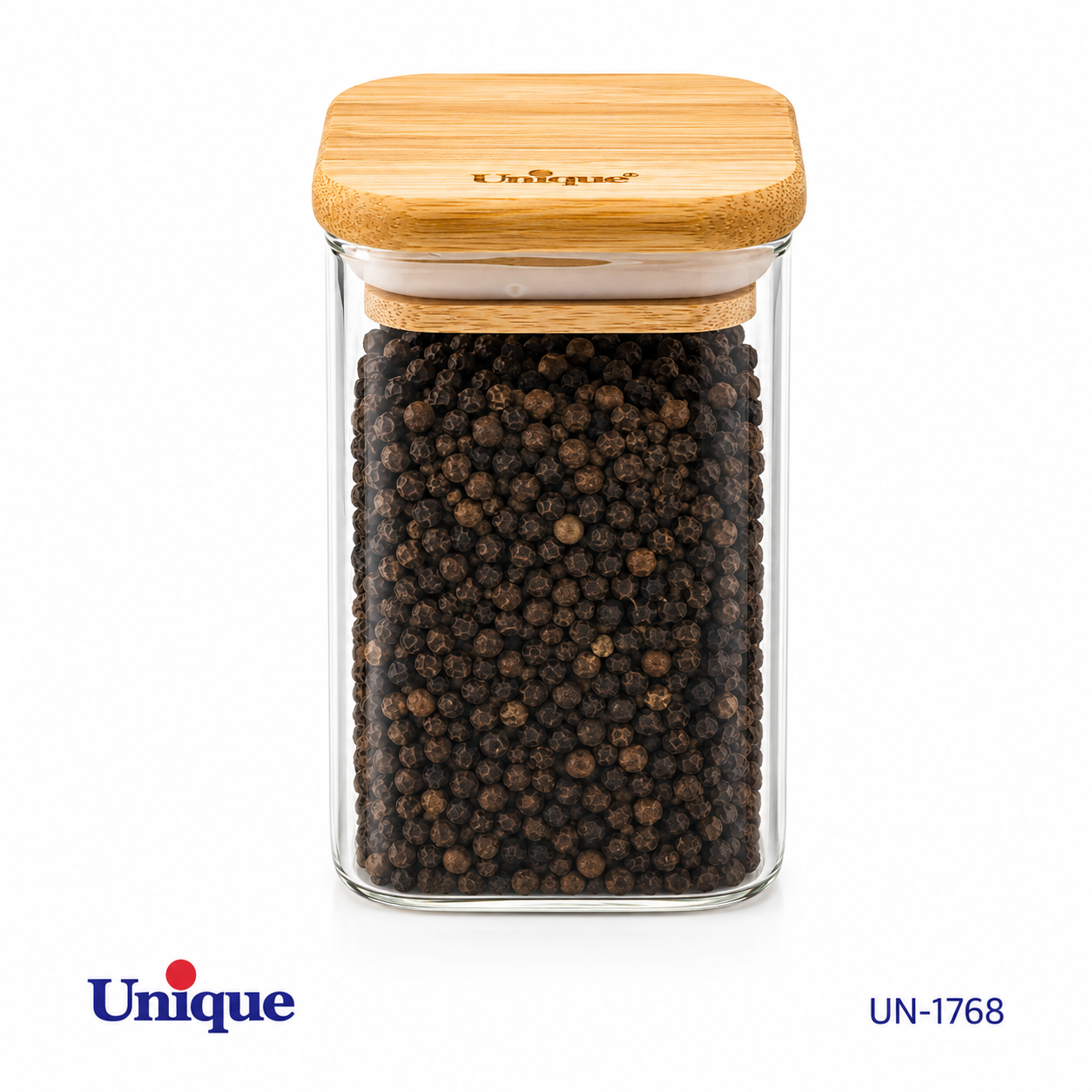 جا ادویه شیشه‌ای درب بامبو مربع یونیک UNIQUE