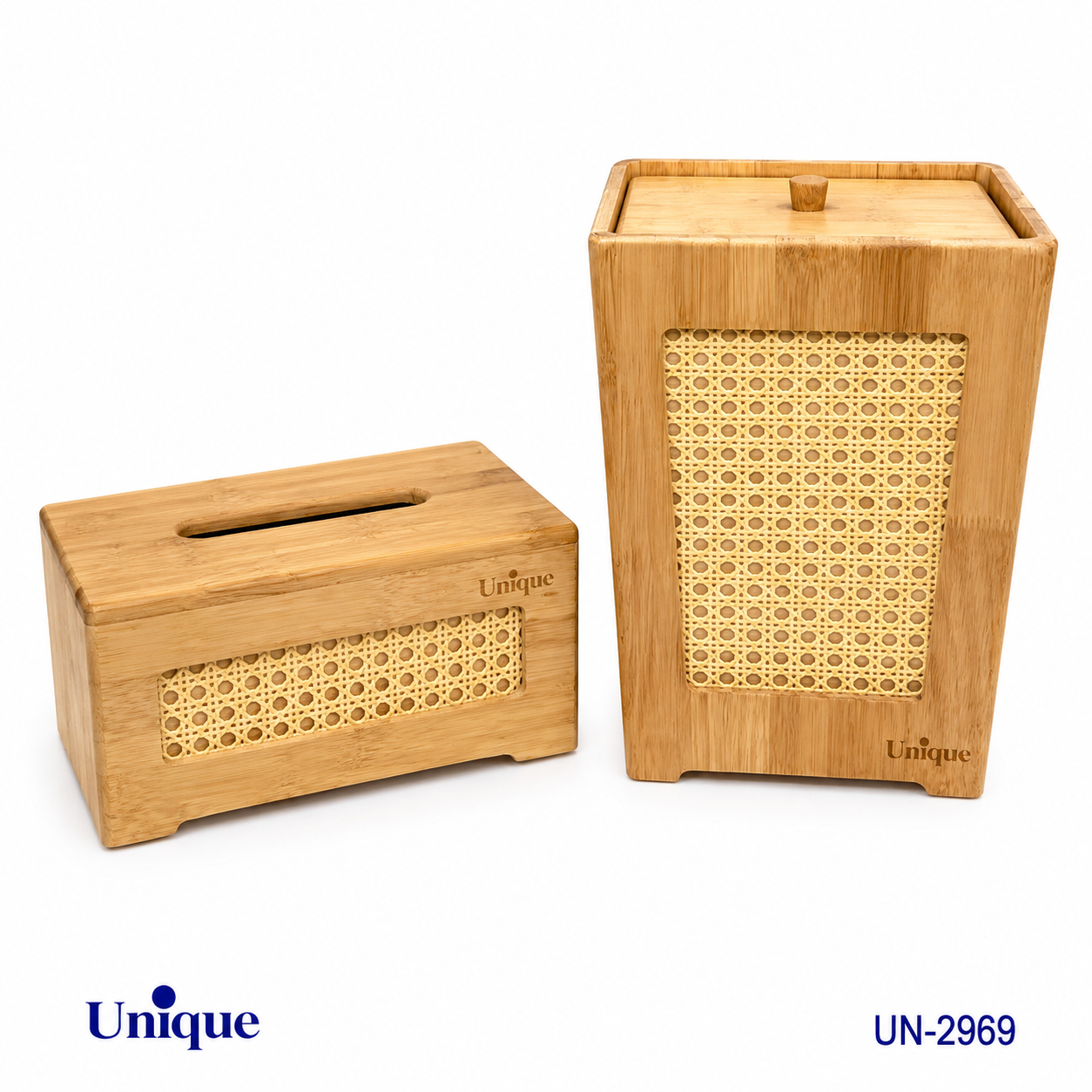 ست سطل و جا دستمال کاغذی چوبی حصیری یونیک UNIQUE