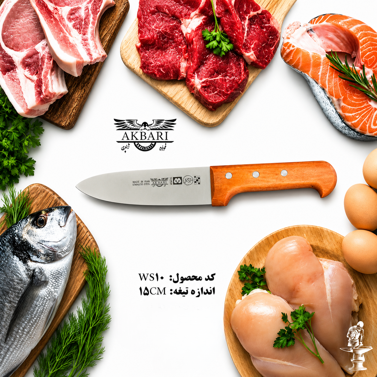 کارد آشپزخانه دسته چوبی اکبری تیغه 3.5 اینچ فولاد ژاپن مدل WS10