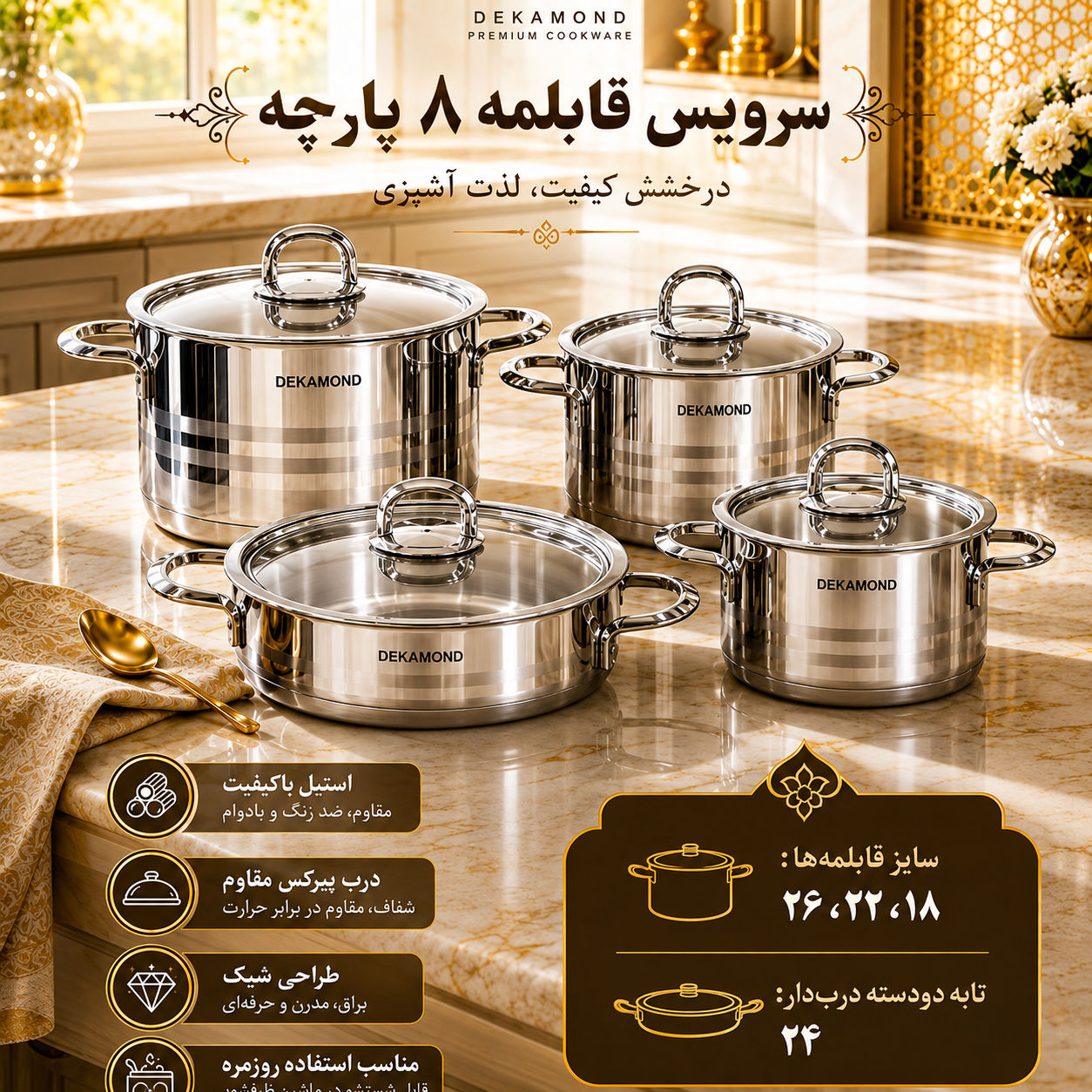 سرویس قابلمه و تابه استیل ۸ پارچه دکاموند DEKOMOND
