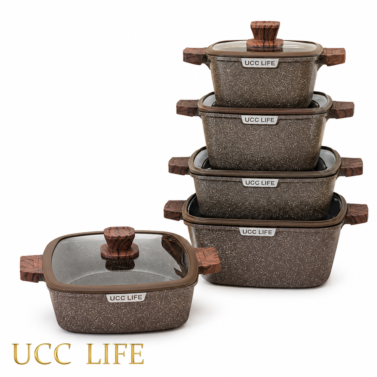 سرویس قابلمه چدن مربع ۱۰ پارچه UCC LIFE قهوه ای