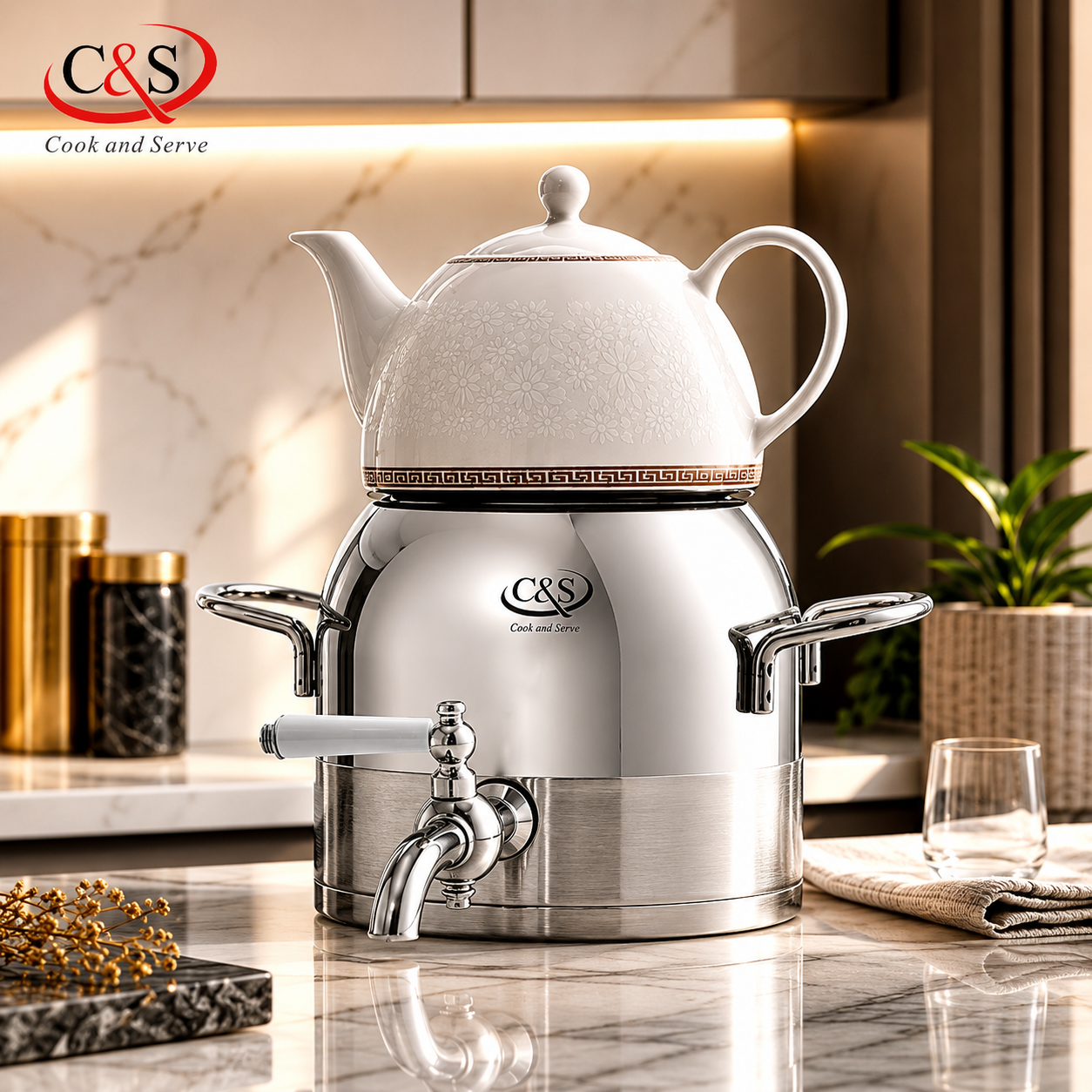 اسپن کتری و قوری شیردار مات ۲.۵ لیتری C&S