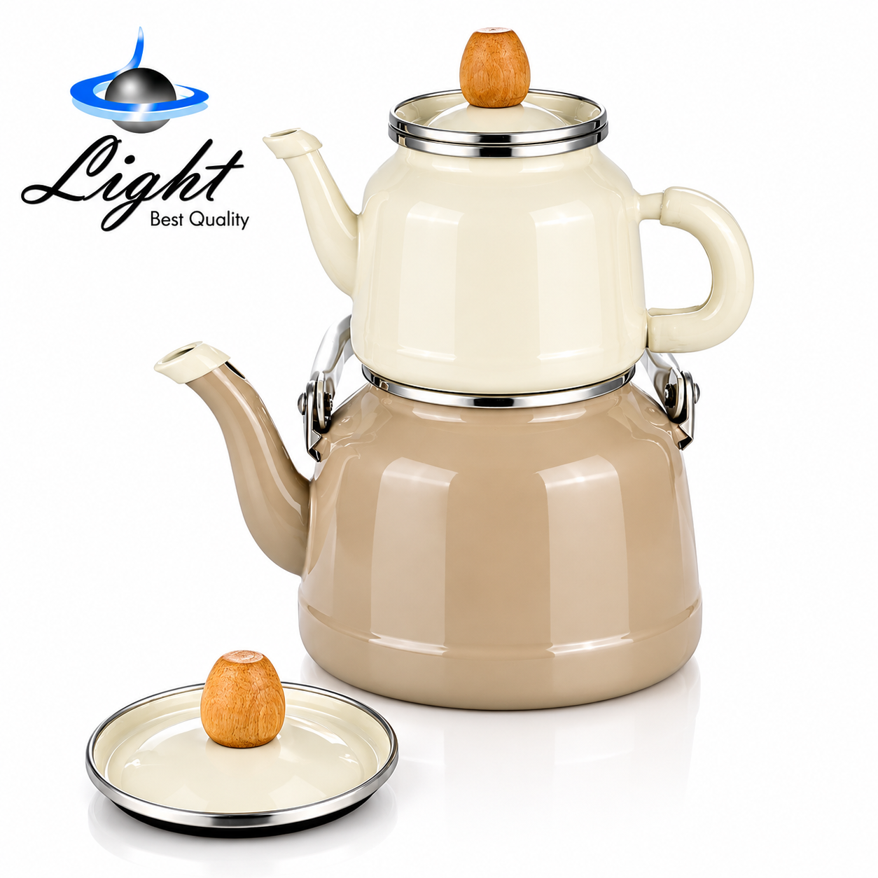 ست کتری و قوری لعابی مدل دسته بغل لایت Light کرم