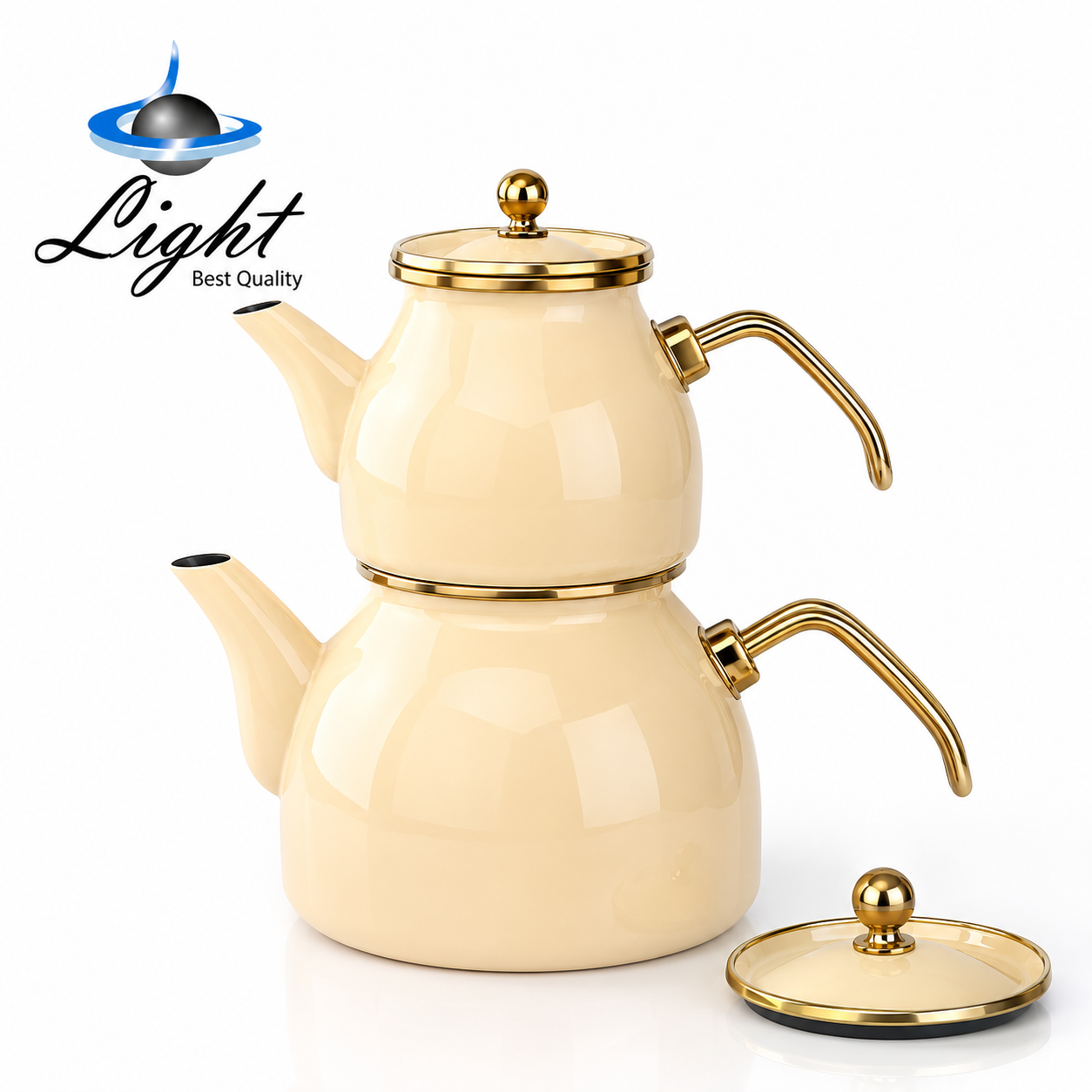 کتری قوری رنگی دسته بغل لعابی لایت Light کرم