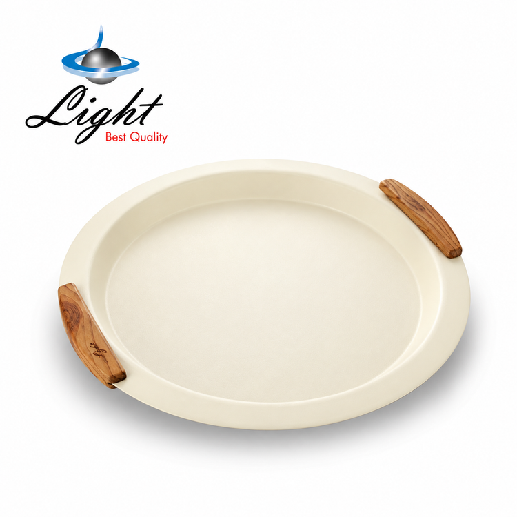 سینی گرد فلزی دسته چوبی لایت Light کرم