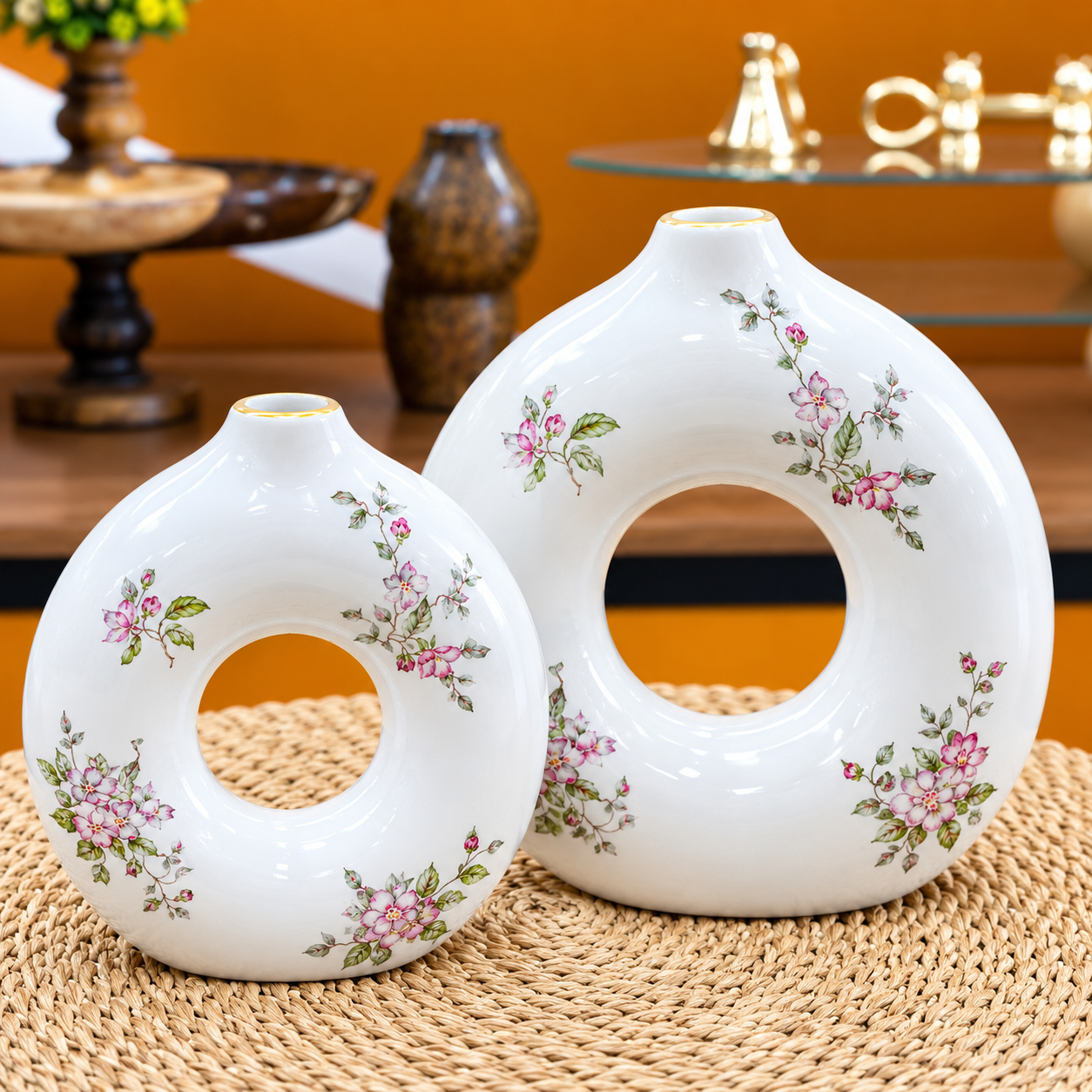 گلدان سرامیکی دونات دو سایز شکوفه صورتی