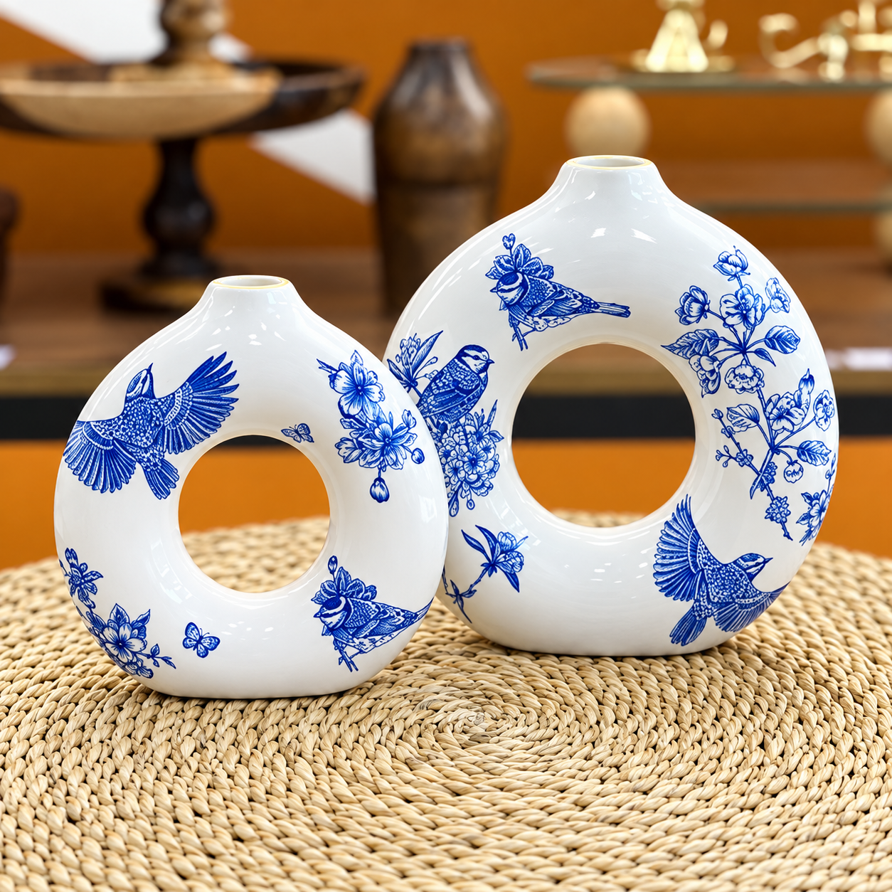 گلدان سرامیکی دونات دو سایز چکاوک آبی