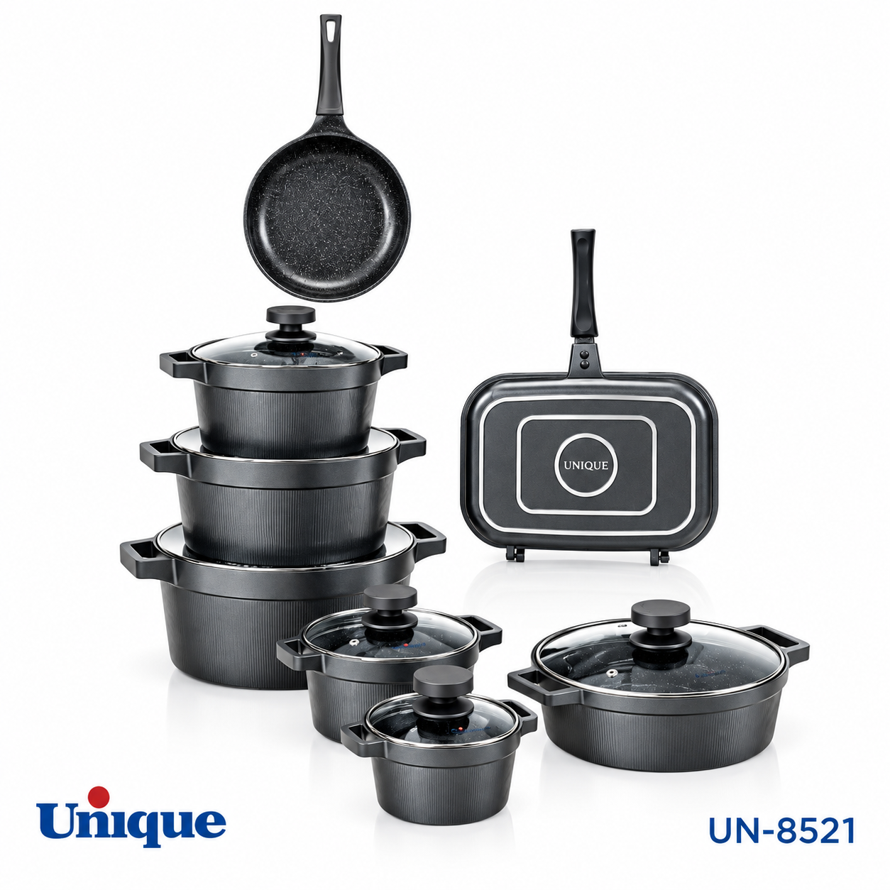 سرویس قابلمه و ماهیتابه ۱۵ پارچه طوسی دیاموند Unique