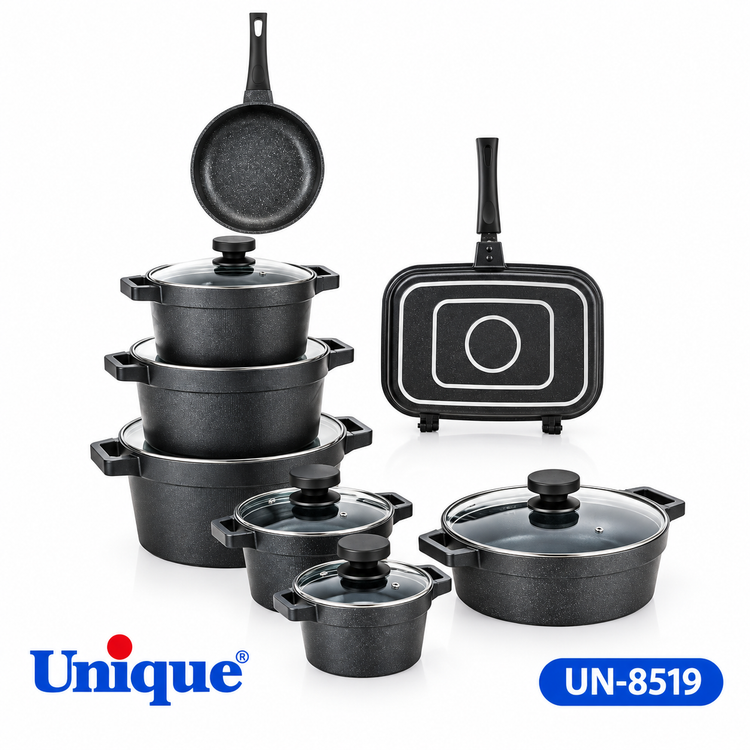 سرویس قابلمه و ماهیتابه ۱۵ پارچه مشکی دیاموند یونیک Unique
