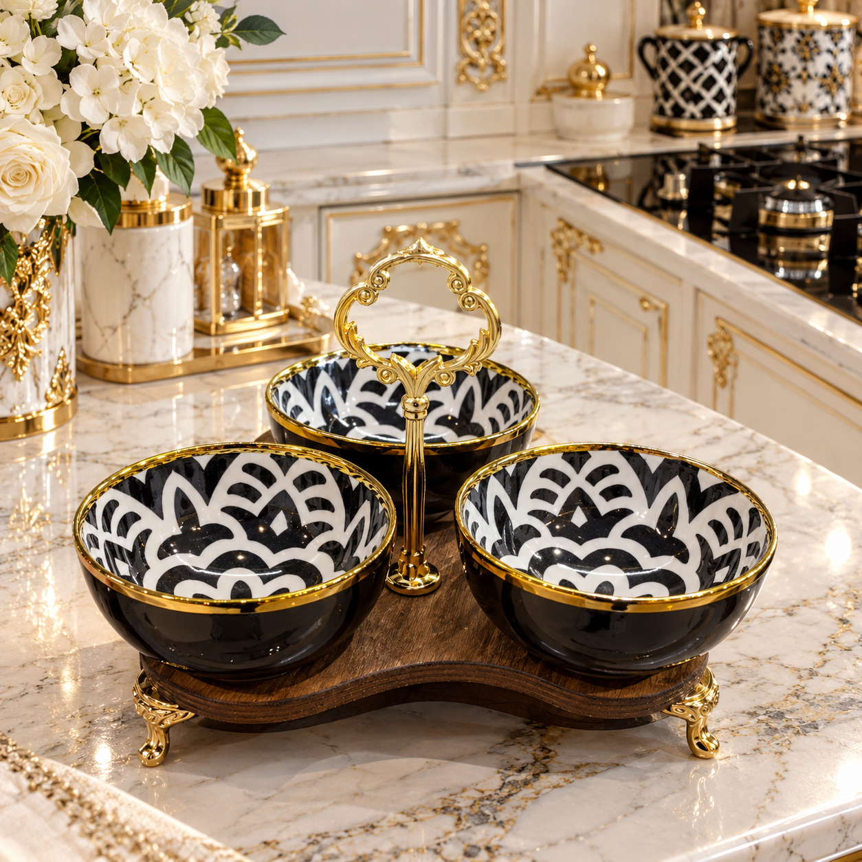 اردوخوری ۳ خانه لب طلا طرح مشکی