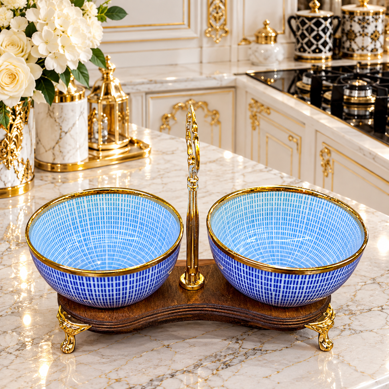 اردوخوری ۲ خانه لب طلا طرح آبی