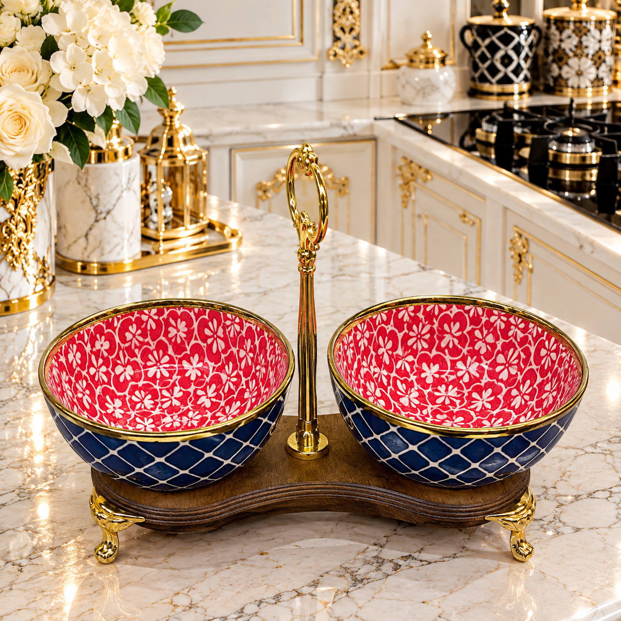 اردوخوری ۲ خانه لب طلا طرح قرمز